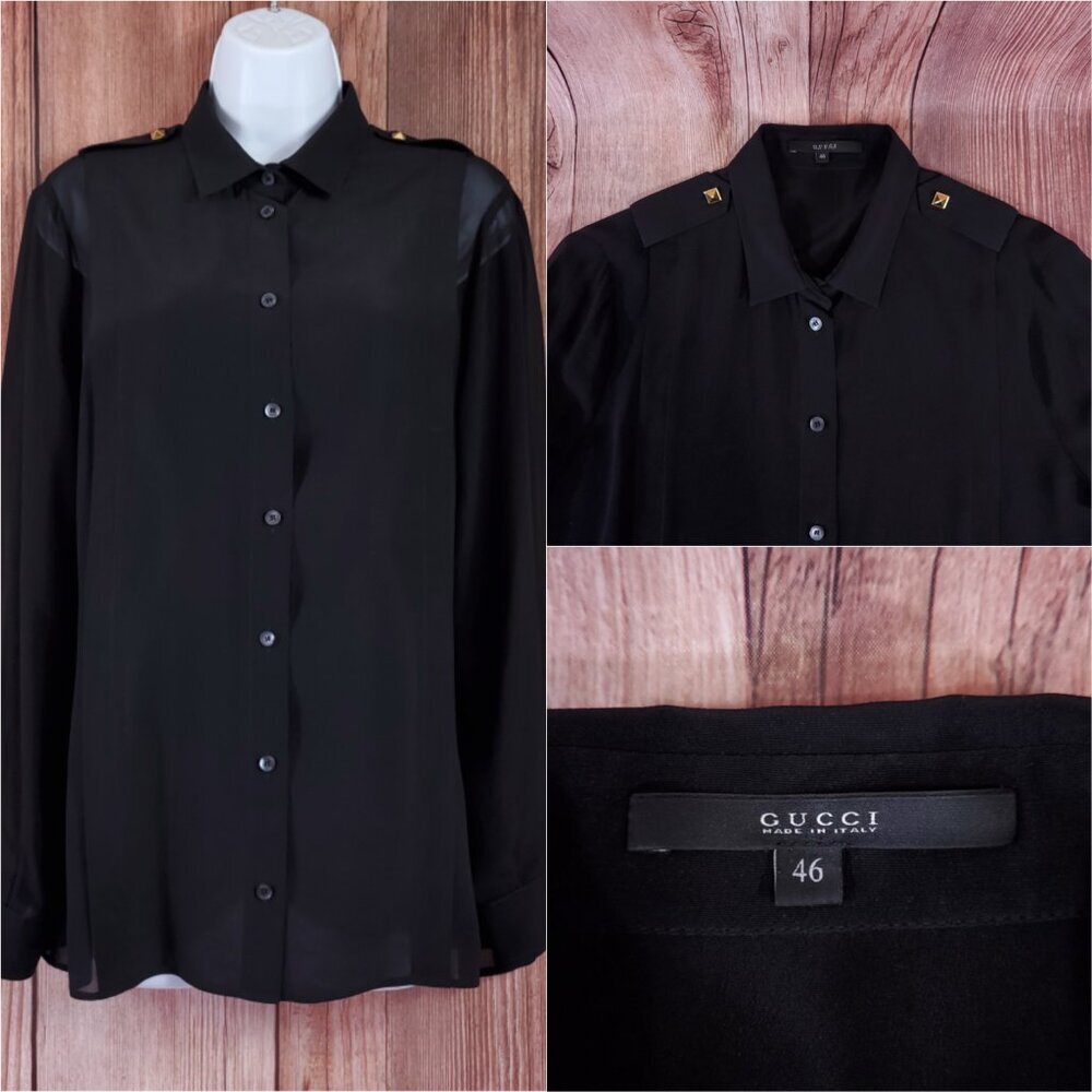 *READ* Gucci Black Sheer Blouse Shirt Studded Epaulets Long Sleeve Button Up
